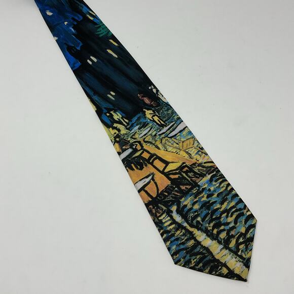 Vintage 1994 Ralph Marlin Men Novelty Art Tie Van Gogh Sidewalk Cafe at Night - Picture 2 of 6
